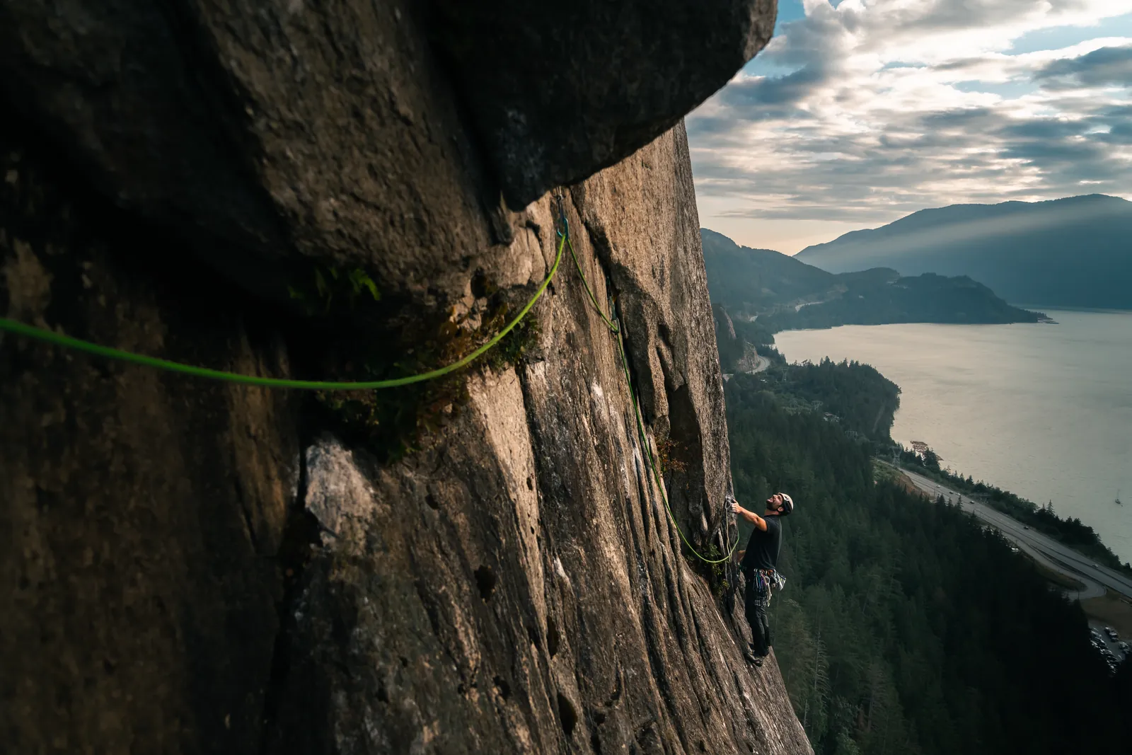 Panoramic view of Squamish climbing terrain and Howe Sound from above